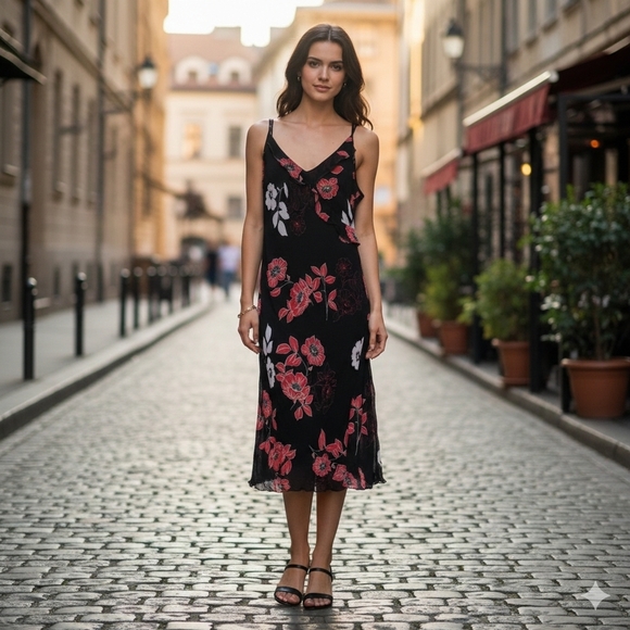 Tristan & Iseut Dresses & Skirts - Tristan Women's Feminine Romantic Black Floral Ruffle Midi Dress Size 14/L